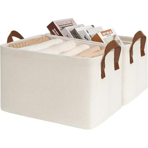 Set of 2 Large Beige Storage Bins with Handles for Closet Shelves Organizer - Picture 7 of 7